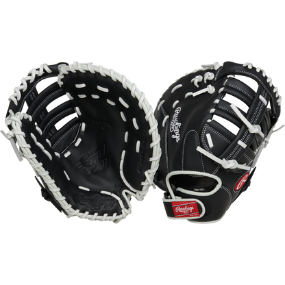 Two black Rawlings Shut Out 12" Fastpitch First Base Mitts (RRSOFBM12) with white lacing, shown front and back to highlight the webbing, stitching details, and Rawlings brand logo patches.