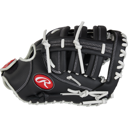 The Rawlings Shut Out 12" Fastpitch First Base Mitt (RRSOFBM12) is a black softball glove with white laces and stitching, featuring the red and white Rawlings logo on the side.