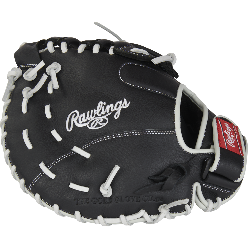 A black Rawlings Shut Out 12" Fastpitch First Base Mitt (RRSOFBM12) with white stitching and laces, featuring the Rawlings logo in white and a red patch on the wrist strap.