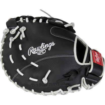 A black Rawlings Shut Out 12" Fastpitch First Base Mitt (RRSOFBM12) with white stitching and laces, featuring the Rawlings logo in white and a red patch on the wrist strap.