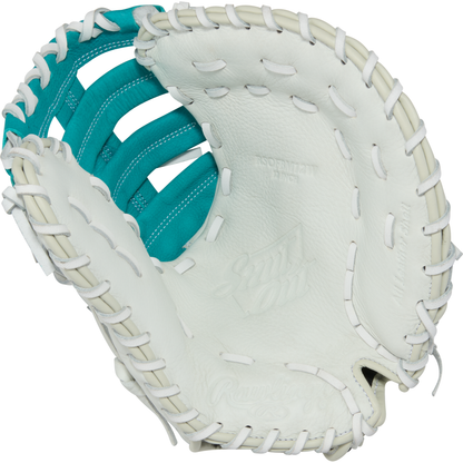 The Rawlings Shut Out 12" Fastpitch First Base Mitt (RSOFBM12W) is a white and teal softball glove with white laces, embossed palm branding, and a deep pocket design.