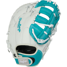 The Rawlings Shut Out 12" Fastpitch First Base Mitt (RSOFBM12W) features a white and teal design with white laces, teal accents, an open web, and Rawlings logos on the thumb and wrist.