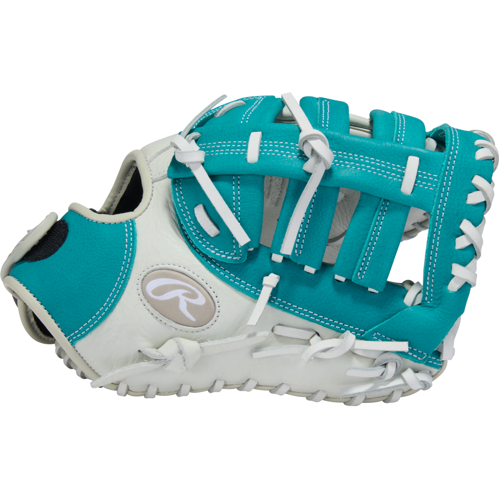 The Rawlings Shut Out 12" Fastpitch First Base Mitt (RSOFBM12W) features a teal and white design with white laces and an open web, displayed on a plain white background.
