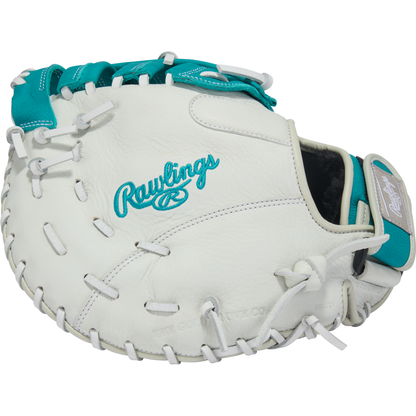 A white Rawlings Shut Out 12" Fastpitch First Base Mitt (RSOFBM12W) with teal accents and stitching, featuring the Rawlings logo embroidered in teal on the back.