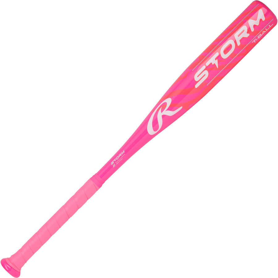 The 2025 Rawlings Storm (-12) USA T-Ball Softball Bat (RTB5S12) features a bright pink design with “STORM” and a large white R logo on the barrel, plus a matching pink grip and accents.