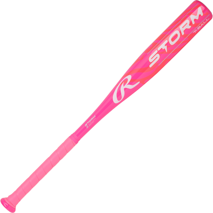 The 2025 Rawlings Storm (-12) USA T-Ball Softball Bat (RTB5S12) features a bright pink design with “STORM” and a large white R logo on the barrel, plus a matching pink grip and accents.