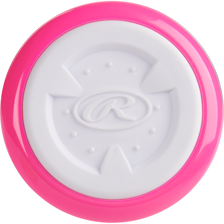 A round object with a bright pink outer ring and white center, featuring a raised letter R and star shapes—mirroring the bold design of the Rawlings 2025 Storm (-12) USA T-Ball Softball Bat (RTB5S12).