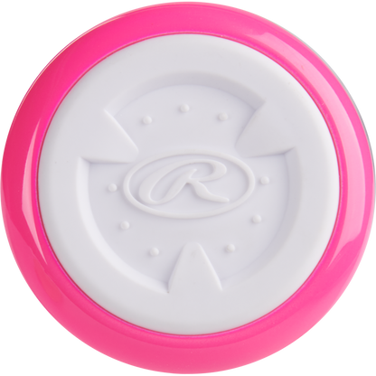 A round object with a bright pink outer ring and white center, featuring a raised letter R and star shapes—mirroring the bold design of the Rawlings 2025 Storm (-12) USA T-Ball Softball Bat (RTB5S12).