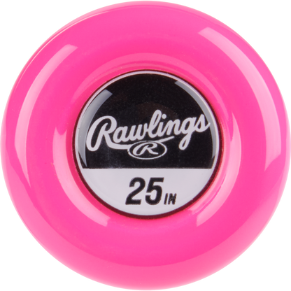 A close-up of the bright pink Rawlings 2025 Storm (-12) T-Ball Softball Bat knob, featuring the Rawlings logo and "25 IN" in white text on a black label.