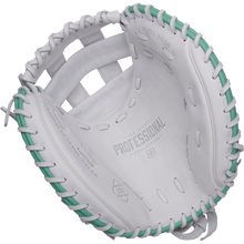 The Easton Jen Schro "The Rudi" 34" Fastpitch Catcher's Mitt (RUDI-2024), crafted from premium USA steerhide leather with green lacing and a PROFESSIONAL COLLECTION palm label, is displayed from the inside against a plain background.