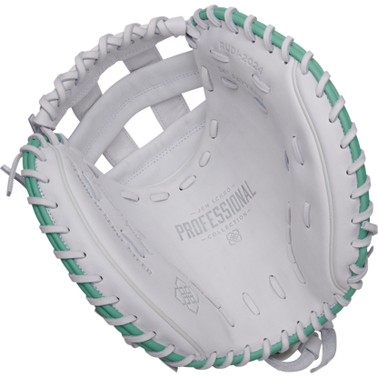 The Easton Jen Schro "The Rudi" 34" Fastpitch Catcher's Mitt (RUDI-2024), crafted from premium USA steerhide leather with green lacing and a PROFESSIONAL COLLECTION palm label, is displayed from the inside against a plain background.