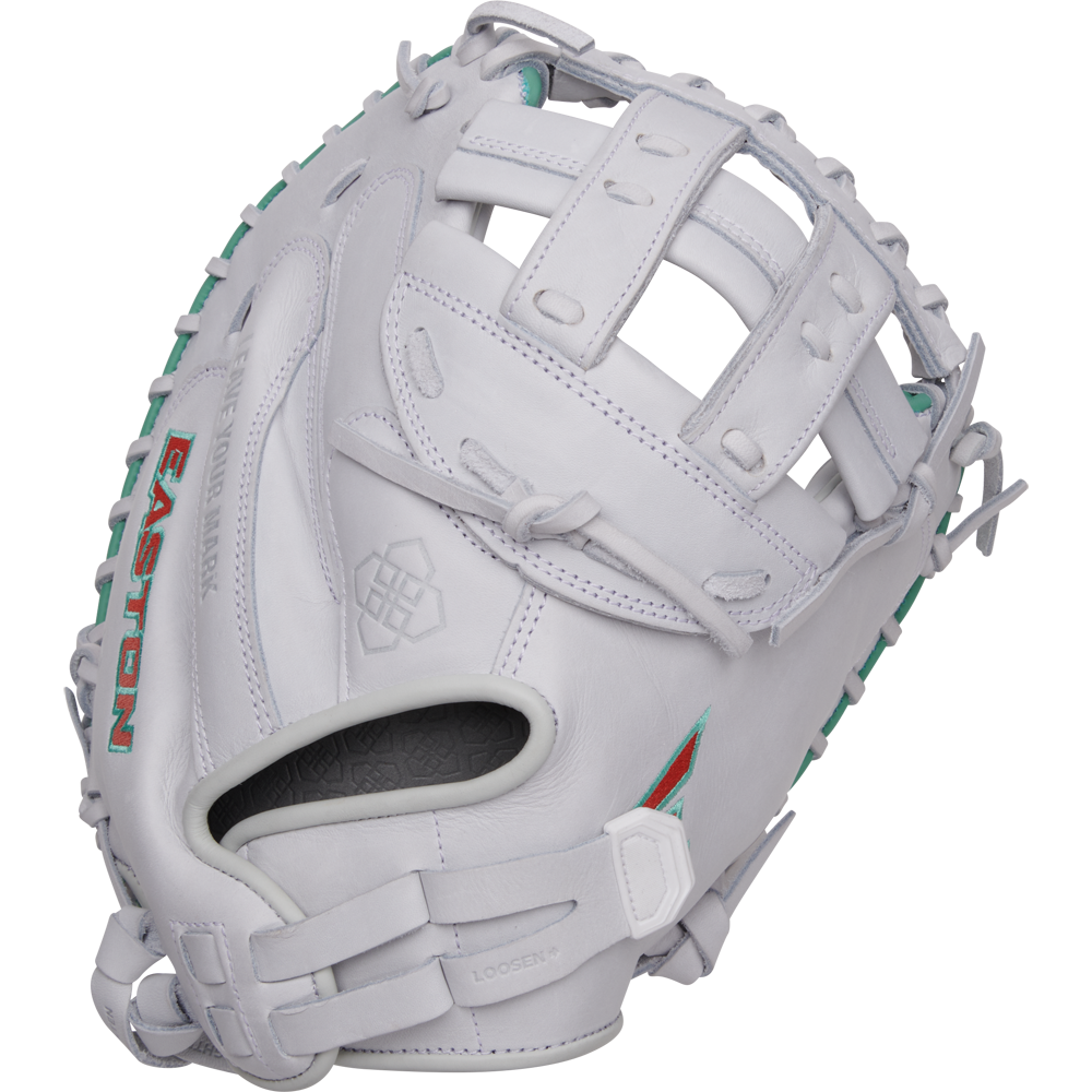 The Easton Jen Schro "The Rudi" 34" Fastpitch Catcher's Mitt (RUDI-2024) features a white design with teal lacing, open webbing, red EASTON stitching, varied stitched patterns, and reinforced padding for reliability.
