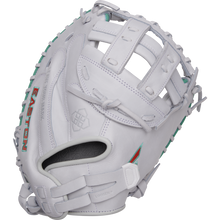 The Easton Jen Schro "The Rudi" 34" Fastpitch Catcher's Mitt (RUDI-2024) features a white design with teal lacing, open webbing, red EASTON stitching, varied stitched patterns, and reinforced padding for reliability.