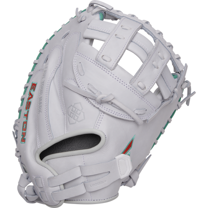 The Easton Jen Schro "The Rudi" 34" Fastpitch Catcher's Mitt (RUDI-2024) features a white design with teal lacing, open webbing, red EASTON stitching, varied stitched patterns, and reinforced padding for reliability.