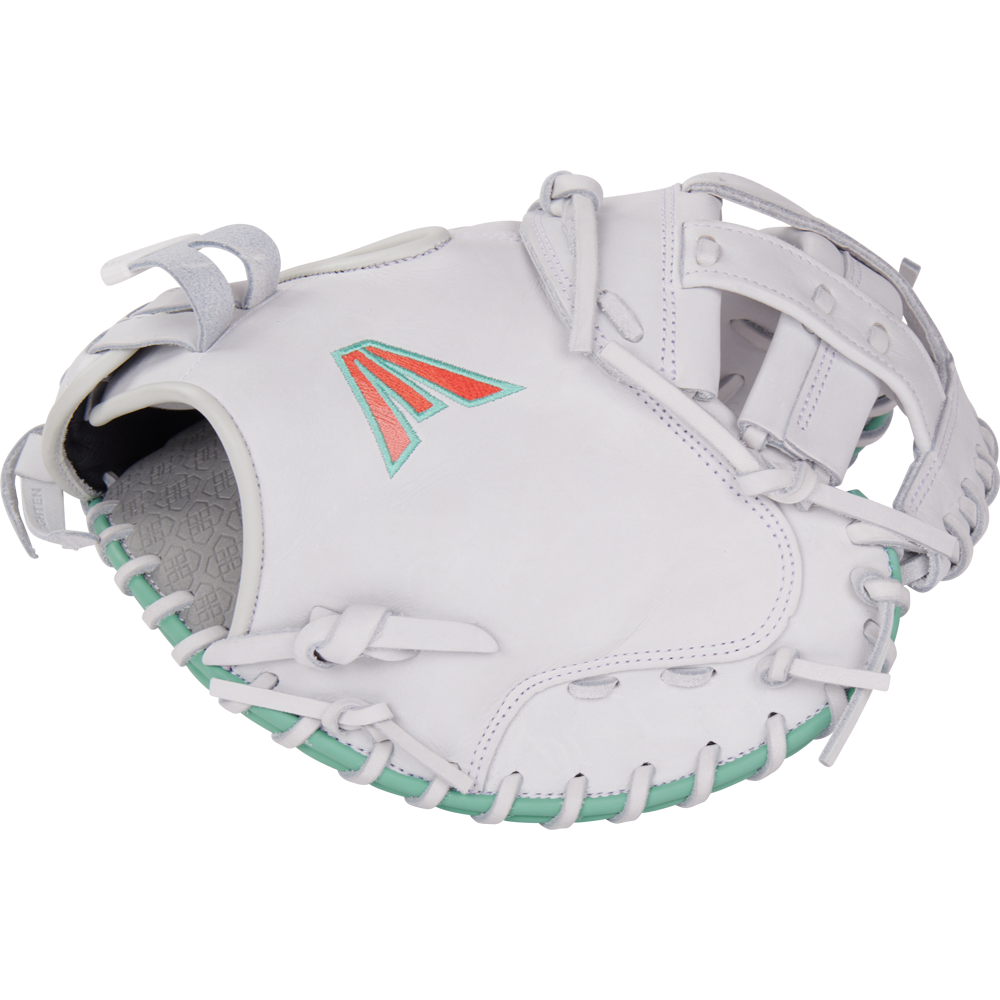 The Easton Jen Schro "The Rudi" 34" Fastpitch Catcher's Mitt (RUDI-2024) is made from premium USA steerhide leather with light teal lacing and an orange/teal logo on the back, displayed on a plain light background.