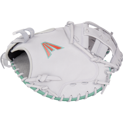 The Easton Jen Schro "The Rudi" 34" Fastpitch Catcher's Mitt (RUDI-2024) is made from premium USA steerhide leather with light teal lacing and an orange/teal logo on the back, displayed on a plain light background.