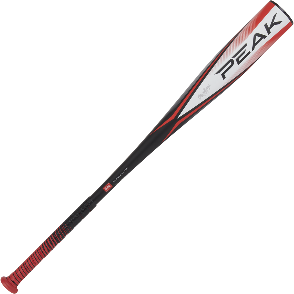 The 2024 Rawlings Peak (-10) 2 5/8" USA Baseball Bat (RUS4P10) features black and red styling with PEAK boldly printed near the barrel and a red handle grip, making it ideal for youth players.