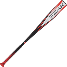 The 2024 Rawlings Peak (-10) 2 5/8" USA Baseball Bat (RUS4P10) features black and red styling with PEAK boldly printed near the barrel and a red handle grip, making it ideal for youth players.