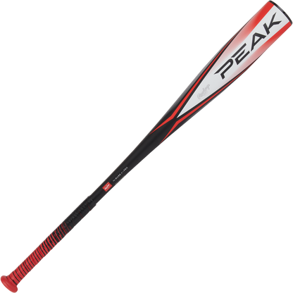 The 2024 Rawlings Peak (-10) 2 5/8" USA Baseball Bat (RUS4P10) features black and red styling with PEAK boldly printed near the barrel and a red handle grip, making it ideal for youth players.