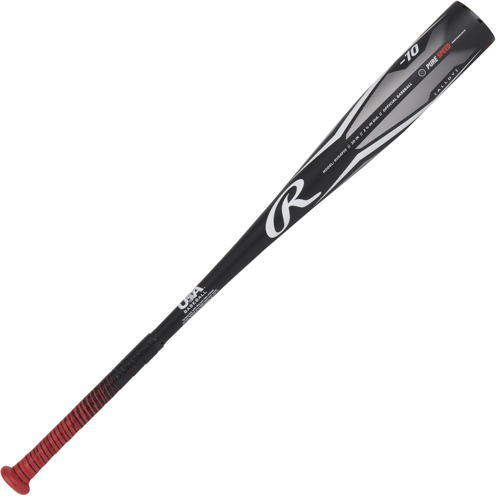 The 2024 Rawlings Peak (-10) USA Baseball Bat (RUS4P10) is black and silver with a red grip and a large R logo on the barrel, shown against a white background.