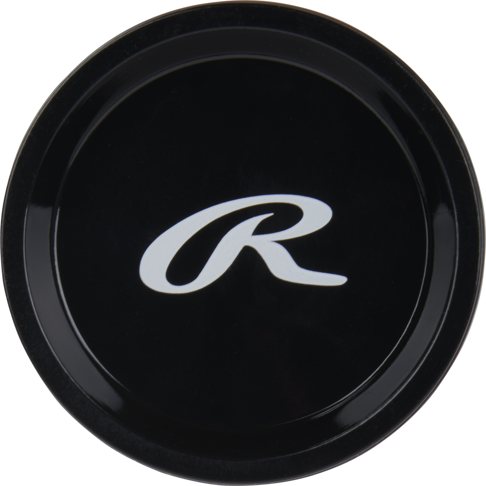 A black circular knob featuring a white stylized R logo, as seen on the 2024 Rawlings Peak (-10) 2 5/8" USA Baseball Bat (RUS4P10), viewed from above against a plain background.