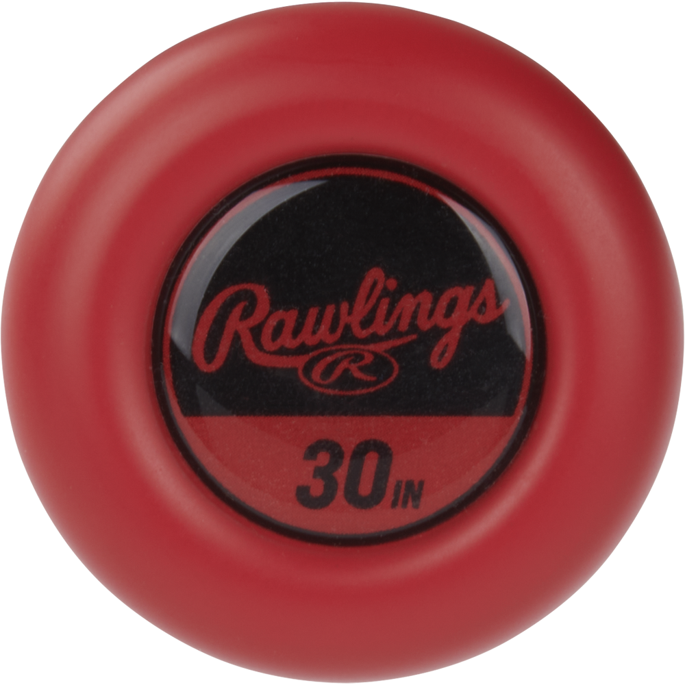 A red Rawlings bat knob with the Rawlings logo and "30 IN" in black on a circular label, made for youth bats like the 2024 Rawlings Peak (-10) 2 5/8" USA Baseball Bat: RUS4P10.