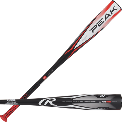 Two black and red 2024 Rawlings Peak (-10) 2 5/8" USA Baseball Bats (RUS4P10) are shown from the side and above, displaying bold graphics, the Rawlings logo, PEAK -10 text, and a red grip—ideal for any youth bat collection.