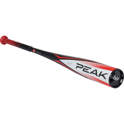 The 2024 Rawlings Peak (-10) 2 5/8" USA Baseball Bat (RUS4P10) features a black, red, and white design with a red grip and Rawlings logo near the barrel—ideal for young players. Shown against a plain white background.