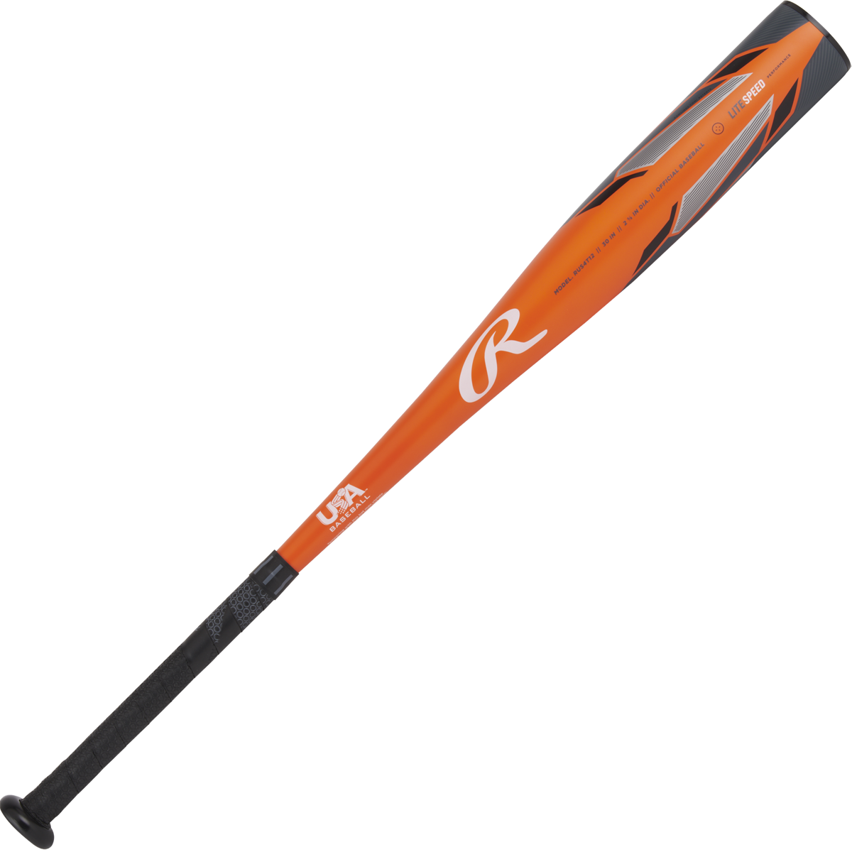 The 2024 Rawlings Threat (-12) USA Baseball Bat (RUS4T12) features an orange and black design with a black grip, silver accents, and a white Rawlings "R" logo. Its composite barrel is USA Baseball certified.