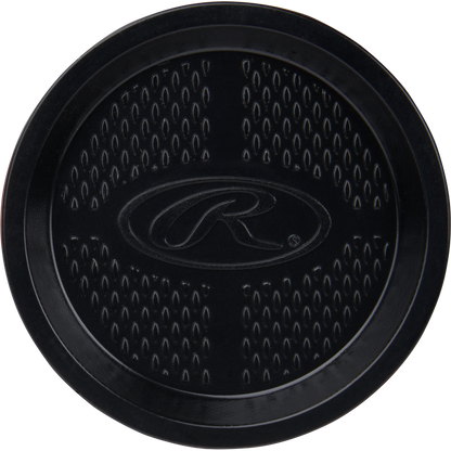 A black circular rubber grip pad with a textured center and an "R" in the middle, seen from above on white, is likely an accessory for the 2024 Rawlings Threat (-12) 2 5/8" USA Baseball Bat: RUS4T12 by Rawlings.