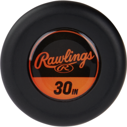 A close-up of the black end cap of the 2024 Rawlings Threat (-12) 2 5/8" USA Baseball Bat shows an orange and black label with "Rawlings 30 IN." This composite barrel bat combines power and performance for youth players.
