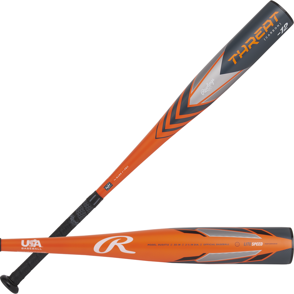 Two views of the 2024 Rawlings Threat (-12) USA Baseball Bat (RUS4T12) show its orange and silver design, black grip, gray accents, lightweight composite barrel, and bold graphics with THREAT and USA Baseball markings.