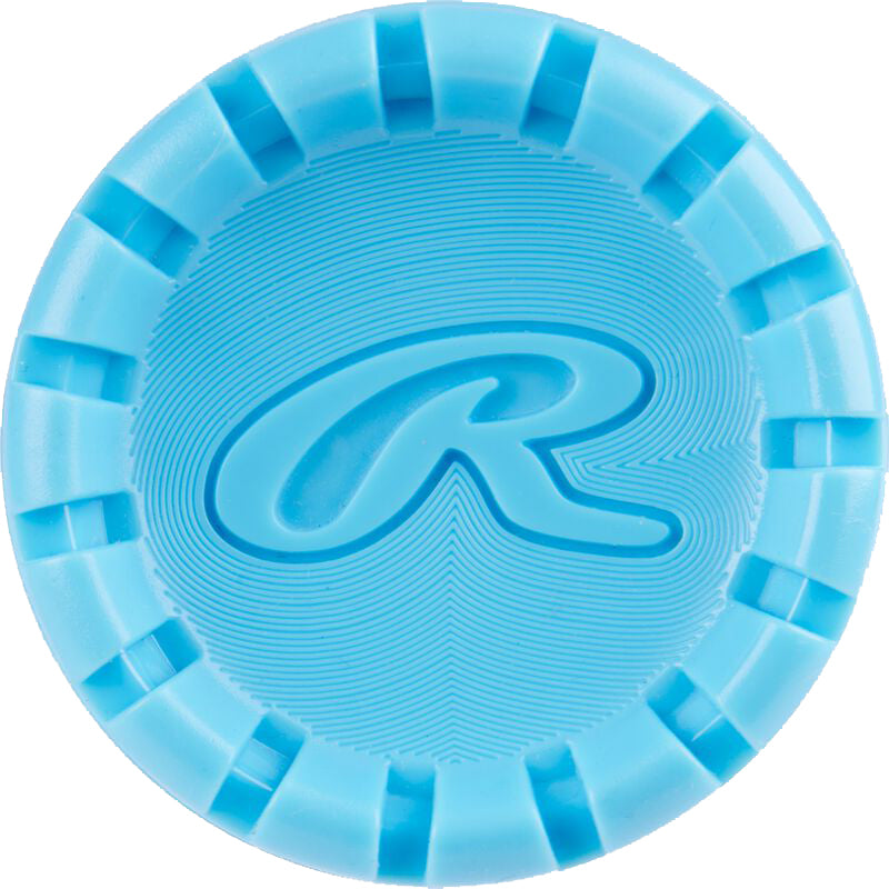 A round, light blue poker chip features textured lines, rectangular edge indentations, and a stylized "R" at its center—its design is inspired by the Ai-assisted barrel of the 2025 Rawlings Clout Ai (-10) USA Baseball Bat (RUS5C10).