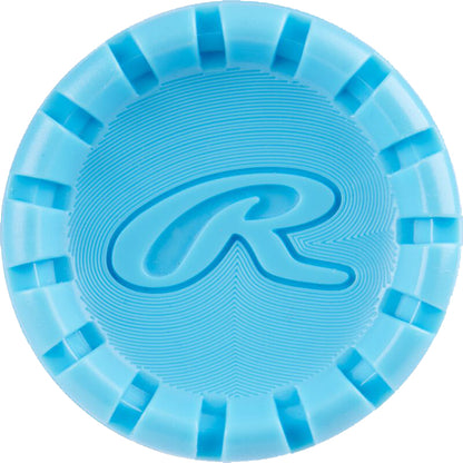 A round, light blue poker chip features textured lines, rectangular edge indentations, and a stylized "R" at its center—its design is inspired by the Ai-assisted barrel of the 2025 Rawlings Clout Ai (-10) USA Baseball Bat (RUS5C10).