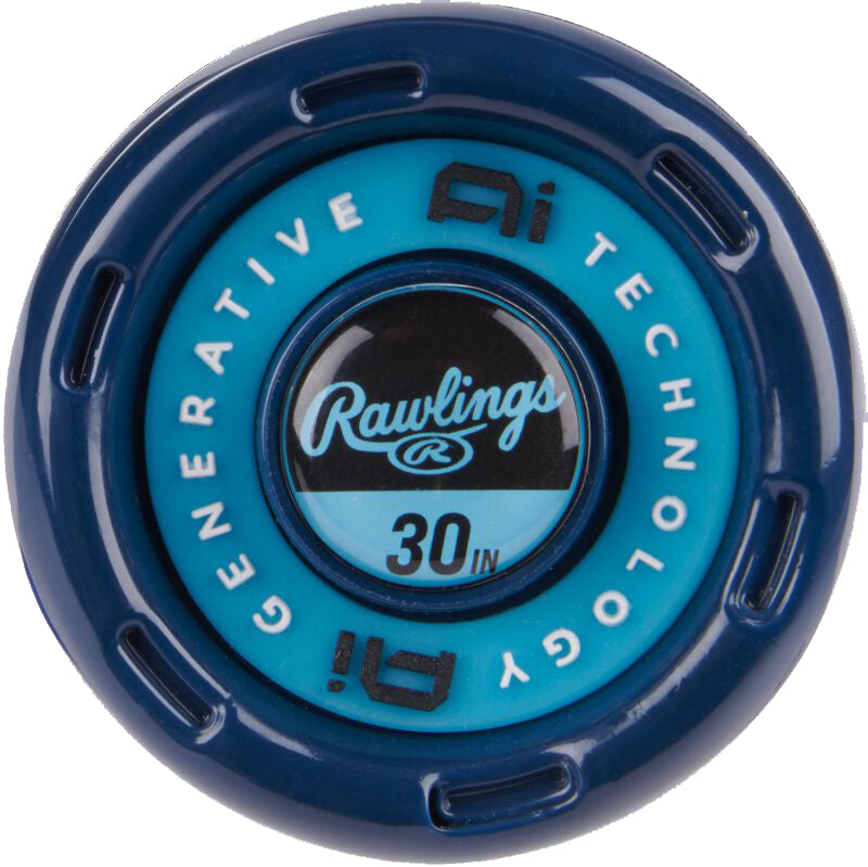 Close-up of the end cap on the 2025 Rawlings Clout Ai (-10) 2 5/8" USA Baseball Bat (RUS5C10), displaying "Ai GENERATIVE TECHNOLOGY" and "30 IN" in the center, with circular detailing to emphasize its Ai-assisted barrel design.