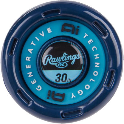 Close-up of the end cap on the 2025 Rawlings Clout Ai (-10) 2 5/8" USA Baseball Bat (RUS5C10), displaying "Ai GENERATIVE TECHNOLOGY" and "30 IN" in the center, with circular detailing to emphasize its Ai-assisted barrel design.
