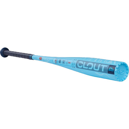 The 2025 Rawlings Clout Ai (-10) 2 5/8" USA Baseball Bat (RUS5C10) features a blue barrel, black handle, and advanced Ai-assisted barrel design for enhanced performance.