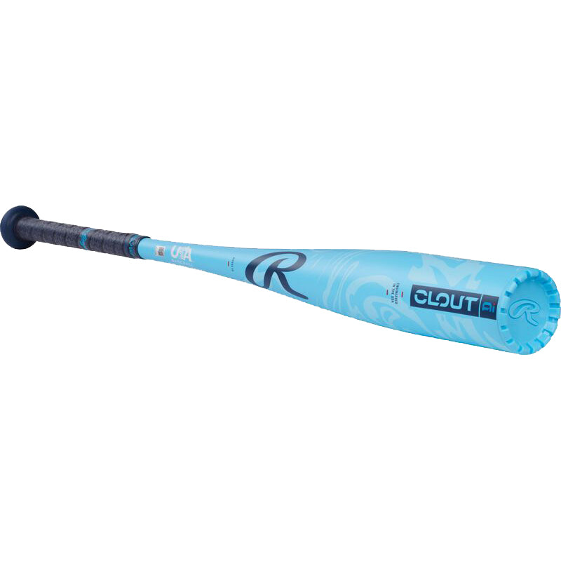 The 2025 Rawlings Clout Ai (-10) 2 5/8" USA Baseball Bat (RUS5C10) is light blue with a black and grey grip, features “CLOUT” and the stylized “R” logo, and has an ai-assisted barrel design for better performance.