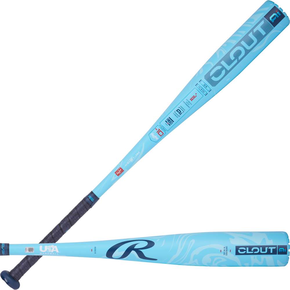 The 2025 Rawlings Clout Ai (-10) 2 5/8" USA Baseball Bat (RUS5C10) features a blue barrel, black handle, and Ai-assisted design for enhanced performance.