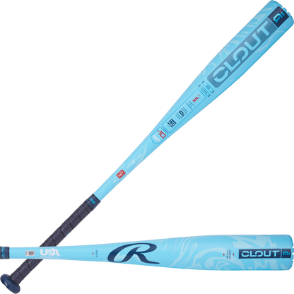 The 2025 Rawlings Clout Ai (-10) 2 5/8" USA Baseball Bat (RUS5C10) features a blue barrel, black handle, and Ai-assisted design for enhanced performance.