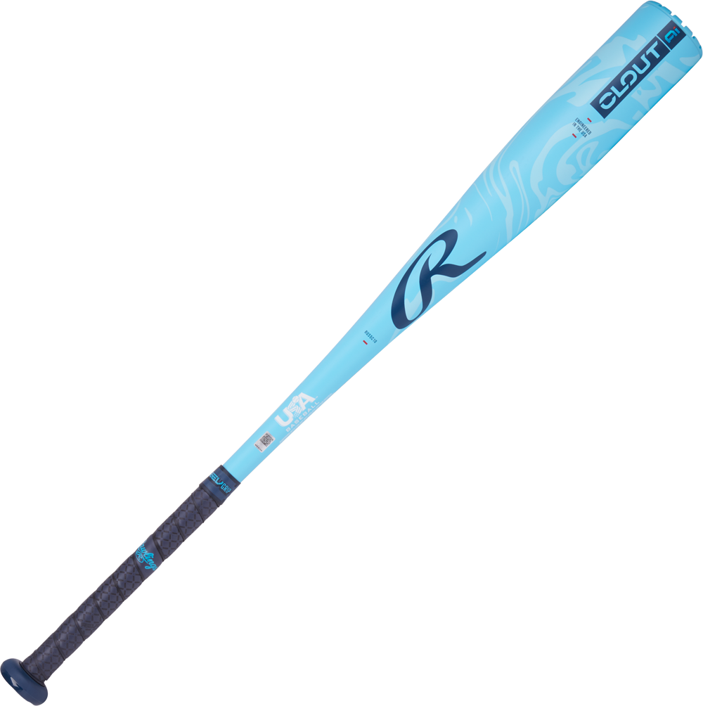 The 2025 Rawlings Clout Ai (-10) 2 5/8" USA Baseball Bat (RUS5C10) features a light blue design with black grip, Rawlings logo, and AI-assisted barrel for optimal performance.