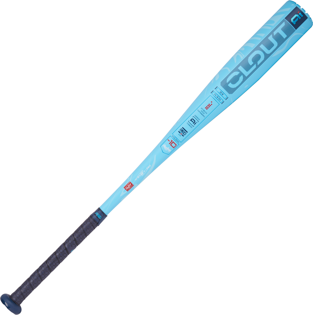 The 2025 Rawlings Clout Ai (-10) 2 5/8" USA Baseball Bat (RUS5C10) features a light blue barrel, dark handle grip, bold "CLOUT" lettering near the barrel, and various graphics and text along the bat.