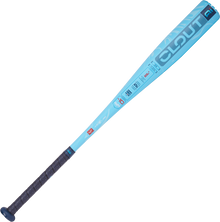 The 2025 Rawlings Clout Ai (-10) 2 5/8" USA Baseball Bat (RUS5C10) features a light blue barrel, dark handle grip, bold "CLOUT" lettering near the barrel, and various graphics and text along the bat.