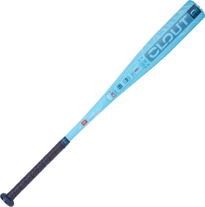 The 2025 Rawlings Clout Ai (-10) 2 5/8" USA Baseball Bat (RUS5C10) features a light blue barrel, dark handle grip, bold "CLOUT" lettering near the barrel, and various graphics and text along the bat.