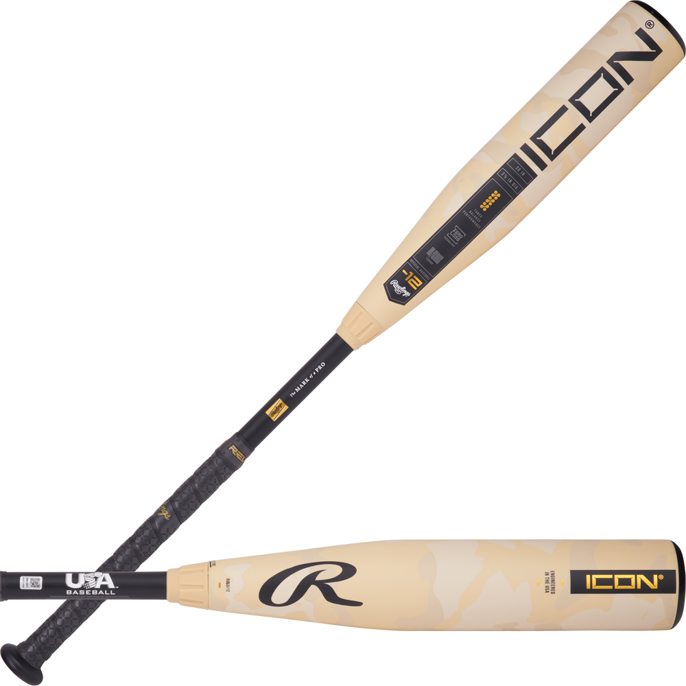 Two views of the 2025 Rawlings ICON (-12) 2 5/8" USA Baseball Bat: RUS5I12, a beige and black Rawlings bat. One side shows the ICON logo and certification, while the other displays the Rawlings "R" for top youth baseball performance.