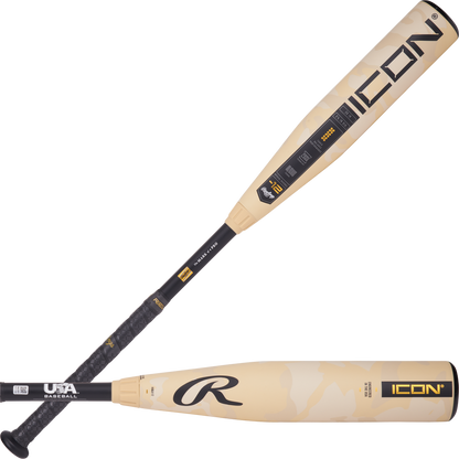 Two views of the 2025 Rawlings ICON (-12) 2 5/8" USA Baseball Bat: RUS5I12, a beige and black Rawlings bat. One side shows the ICON logo and certification, while the other displays the Rawlings "R" for top youth baseball performance.