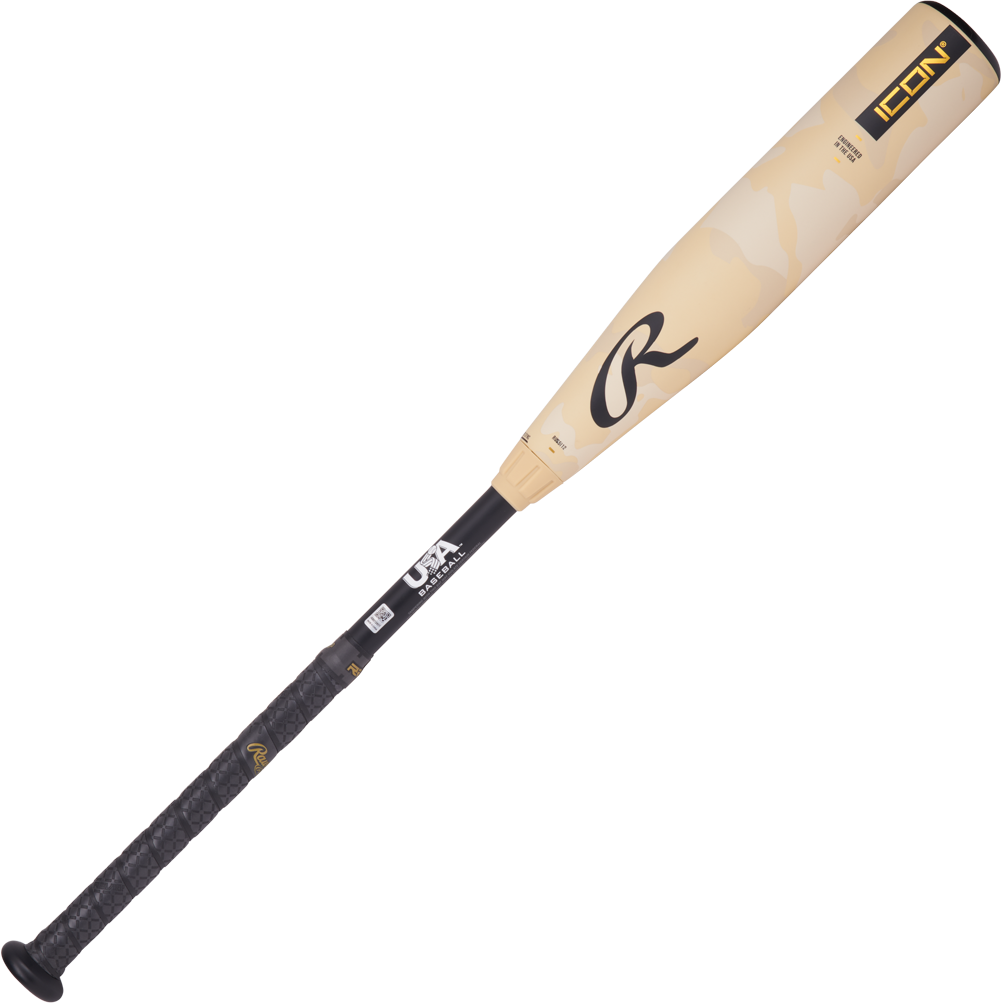 The 2025 Rawlings ICON (-12) 2 5/8" USA Baseball Bat (RUS5I12) is a youth baseball bat with a black handle.