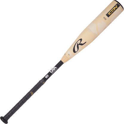 The 2025 Rawlings ICON (-12) 2 5/8" USA Baseball Bat (RUS5I12) is a youth baseball bat with a black handle.