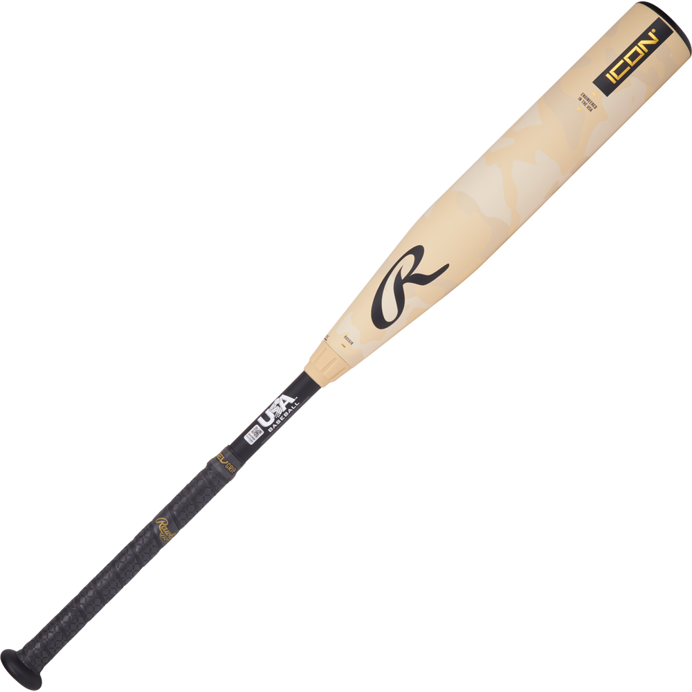 The 2025 Rawlings ICON (-8) 2 5/8" USA Baseball Bat (RUS5I8) features a beige and black design with a black handle, white accents, and the Rawlings logo—perfect for young athletes seeking top performance.