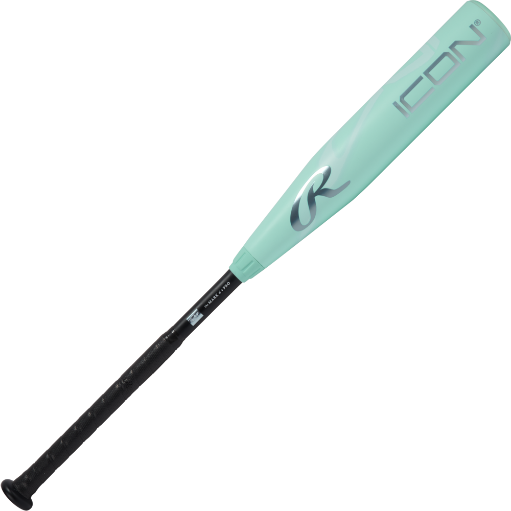 The 2026 Rawlings ICON (-10) 2 5/8" USA Baseball Bat (RUS6I10) features a light teal barrel with a large R logo, a black textured grip handle, and is made from high-performance carbon composite for top performance.